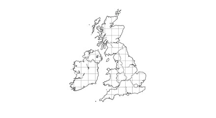 Fototapeta premium Detailed Outline of United Kingdom and Ireland Map with Gridlines, showcasing geographic precision and cartographic detail.