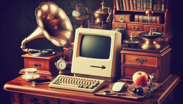 Vintage Glamour An antique desk with a retro Apple Macintosh a v