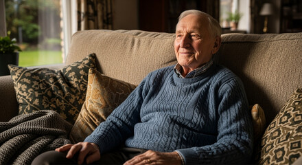 Cheerful aged man resting on cozy couch with smile on her face, looking away feel happy, spending untroubled time at home.