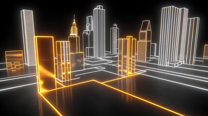 Night aerial view of a sci-fi urban center, glowing neon outlines on skyscrapers, high detail reflections across glass surfaces, structured and organized layout glowing against dark sky