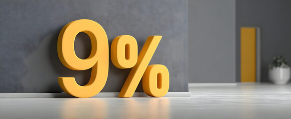 A striking visual of a large yellow percentage symbol '9%' in a modern workspace, symbolizing financial growth, investment, or discounts.