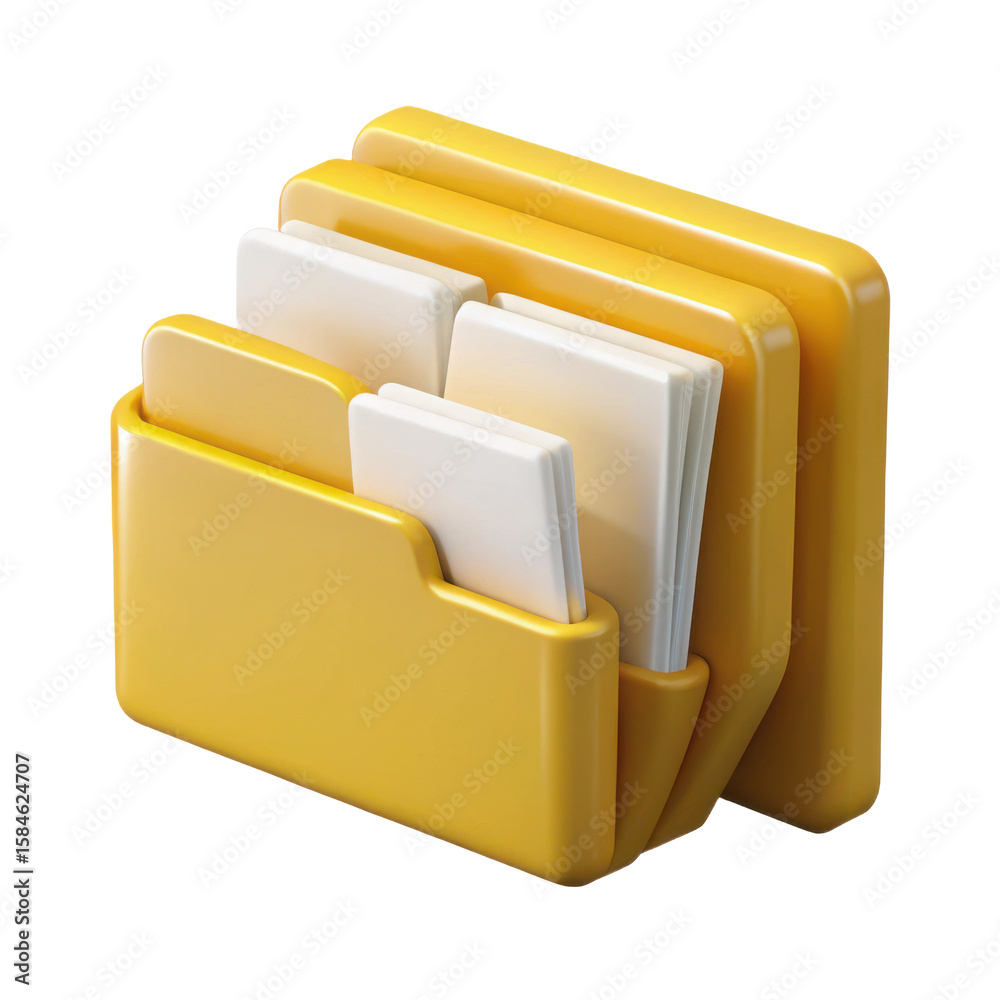Fototapete a yellow folder icon with white documents inside on a black background in a rendered style view