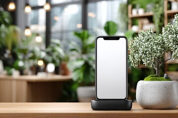 Side Angle Shot of Smartphone with Blank Screen on Wooden Table Near Potted Plant