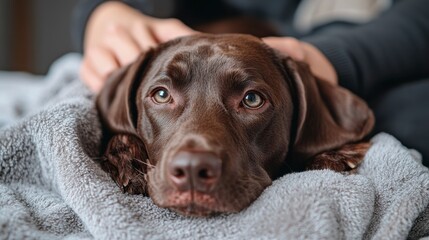 Emotional Brown Dog Relaxing on Cozy Blanket with Gentle Touch