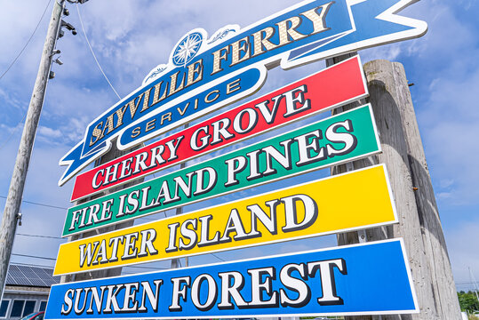 Sayville, New York State, United States of America. Sayville Ferry Service in New York. Signboard and parking.