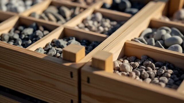 Wooden bins filled with assorted grey stones with wooden blocks as dividers