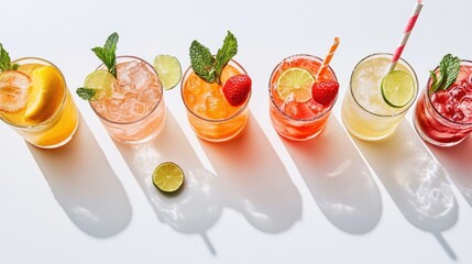 Row of colorful summer cocktails with ice fruit mint and lime casting shadows on bright white background