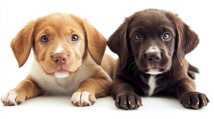 Adorable puppy duo in playful pose on a bright background