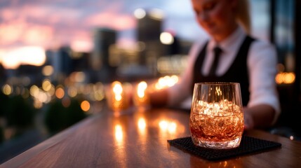 A server at a rooftop bar delivering cocktails with a view of the city skyline. A mixologist expertly crafts refreshing beverages atop a high rise building offering breathtaking panoramic