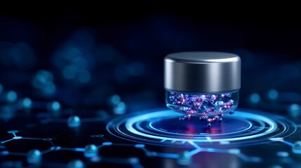 A sleek metallic capsule floating above a holographic display of molecular structures in a futuristic med lab. Futuristic medical facility a polished chrome pod hovers over a vibrant