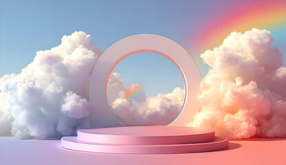 A stunning digital scene featuring vibrant clouds, a circular platform, and a radiant rainbow, perfect for creative projects and backgrounds.