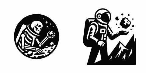 A Skeleton as Astronaut collecting rock samples curious. Skull Bones Skeletal Clipart Line Art Vector Illustration. bony space traveler gathering stone specimens showing great interest.