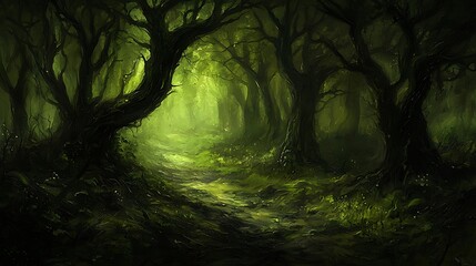 Lush green forest filled with enchanted floating minerals emitting soft glow, vibrant foliage illuminated by natural light, mystical particles surrounding glowing elements, serene and magical