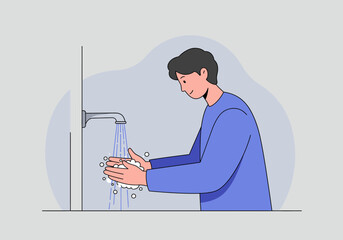 Young man practicing good hygiene by washing hands with soap and water. Health and disease prevention concept flat vector illustration.