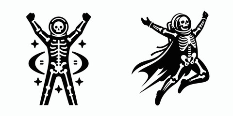 A Skeleton as Astronaut celebrating return joyful. Skull Bones Skeletal Clipart Line Art Vector Illustration. Bone spaceman enjoy arrival cheerful homecoming adventure.