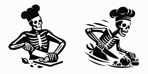 A Skeleton as Chef chopping vegetables swiftly. Skull Bones Skeletal Clipart Line Art Vector Illustration. Bony cook slicing produce rapid motion culinary artwork.