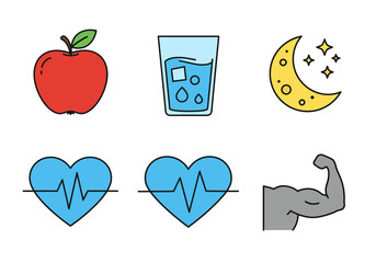 Fototapeta premium Healthy Lifestyle Apple, Water, Sleep, and Fitness Icons for Wellness Illustration