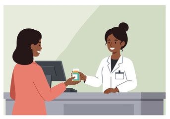 Fototapeta premium Pharmacist Serving Customer Illustrative Pharmacy Scene with Professional Service and Medication Transfer