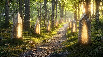 Lush green forest filled with enchanted floating minerals emitting soft glow, vibrant foliage illuminated by natural light, mystical particles surrounding glowing elements, serene and magical