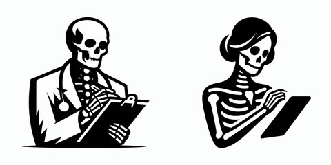 A Skeleton as Doctor writing prescription thoughtfully. Skull Bones Skeletal Clipart Line Art Vector Illustration. Bone figure medic composing medical script seriously thoughtful.