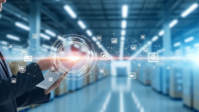 Person using tablet with digital network in warehouse - Powered by Adobe