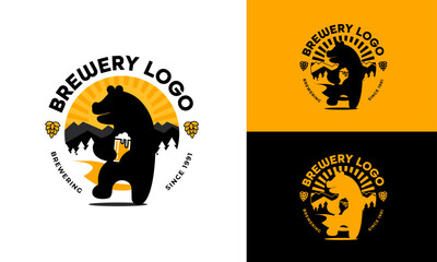 Yellow and Black Bear Brewery Drink Business Logo Vector Illustration 
