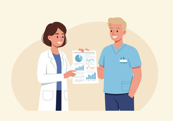 Fototapeta premium Healthcare Professionals Analyzing Data Doctor and Nurse Examine Medical Charts and Graphs in a Clinical Setting