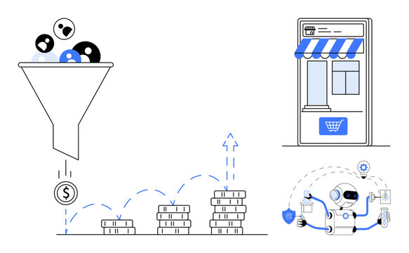 Funnel filters customer icons to generate sales, coins stack in increasing order, AI robot optimizes e-commerce shop. Ideal for marketing, AI, e-commerce, revenue growth, business strategy