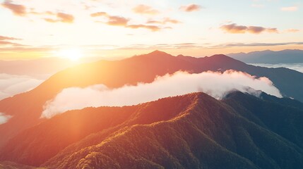 High-altitude perspective showing a massive landmass suspended above glowing golden clouds, tranquil atmosphere with dramatic sunrise tones, digital illustration, digital painting