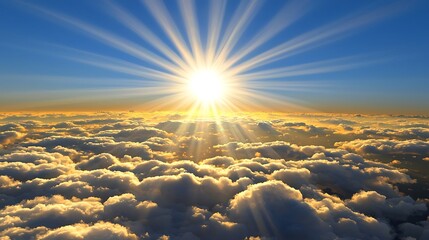 High-detail panoramic cloudscape, tranquil morning light shining softly between cloud tufts, vast open sky view, serene and dreamy atmosphere, digital illustration