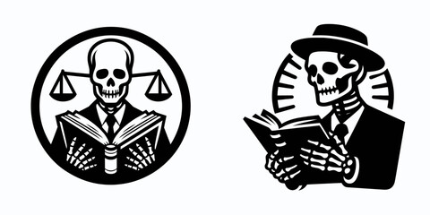 A Skeleton as Lawyer reading legal book studious. Skull Bones Skeletal Clipart Line Art Vector Illustration. .
