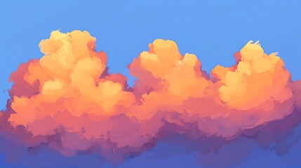 High-detail rendering of soft clouds floating in a clear blue sky, sunlight filtering with pastel orange and pink tones, expansive view creating tranquil atmosphere, digital painting