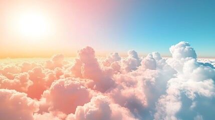 High-detail rendering of soft clouds floating in a clear blue sky, sunlight filtering with pastel orange and pink tones, expansive view creating tranquil atmosphere, digital painting