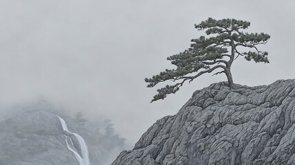 Hand-drawn style digital art of a jagged sky island, vibrant foliage on rocky edges, waterfalls gliding downward into misty air, digital illustration, digital painting
