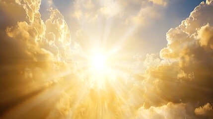 Golden-hour sunbeams streaking through cloud banks, cinematic reflections on soft white masses, peaceful wide-angle composition from above, digital illustration