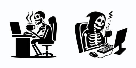 A Skeleton as Programmer drinking coffee with exhaustion. Skull Bones Skeletal Clipart Line Art Vector Illustration. .