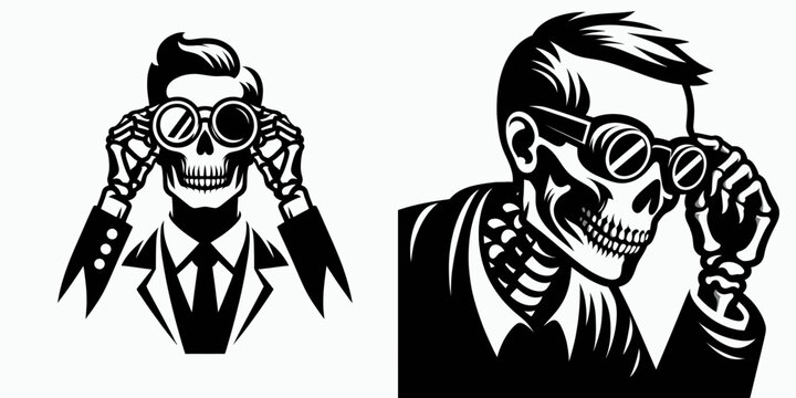 A Skeleton as Scientist adjusting goggles curious. Skull Bones Skeletal Clipart Line Art Vector Illustration. .