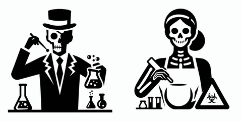 A Skeleton as Scientist mixing chemicals cautious. Skull Bones Skeletal Clipart Line Art Vector Illustration. Bony figure experimenting with substance careful research lab practice.
