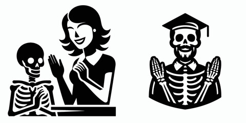 A Skeleton as Teacher clapping hands encouragingly. Skull Bones Skeletal Clipart Line Art Vector Illustration. Bony mentor giving approval boosting morale with palm to action.