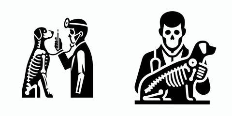 A Skeleton as Vet checking pet temperature attentive. Skull Bones Skeletal Clipart Line Art Vector Illustration. Bony doc giving animal checkup taking heat reading kind care.