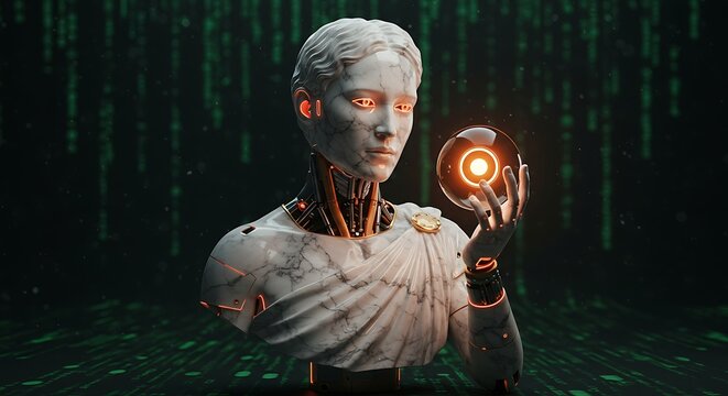 Futuristic Sculpture AI Robot Holding Energy Orb in Digital Matrix Background