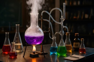 Chemical reaction boiling in florence flask during experiment in laboratory