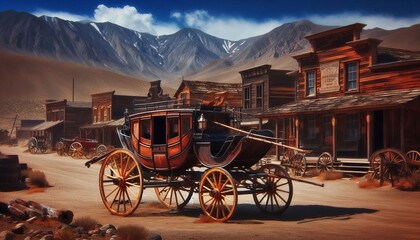 A historic stagecoach parked at an old western ghost town