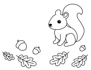 かわいいリスとどんぐりのぬりえ