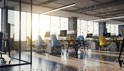 Modern Office Interior with Empty Desks and Colorful Confetti Floating in the Air during Celebration or Event