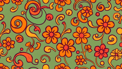 Seamless retro floral pattern with vibrant orange and red blossoms on a groovy green background.