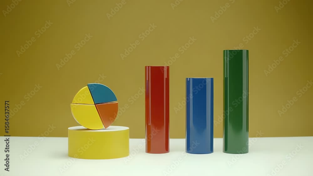 Poster colorful 3d rendered chart elements against a mustard backdrop showcasing business data analysis. fe