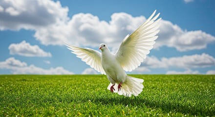 White dove in flight over lush green grass under a bright blue sky