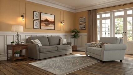 living room with gray sofa