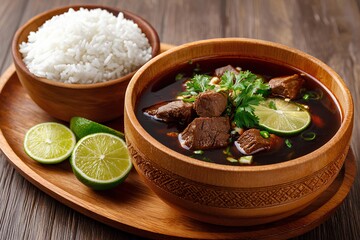 Traditional Rawon Soup with Rice and Fresh Lime